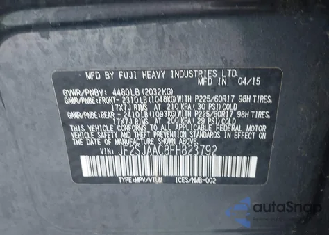 2015 Subaru Forester 2.5I from USA, damaged, VIN JF2SJAAC8FH823792